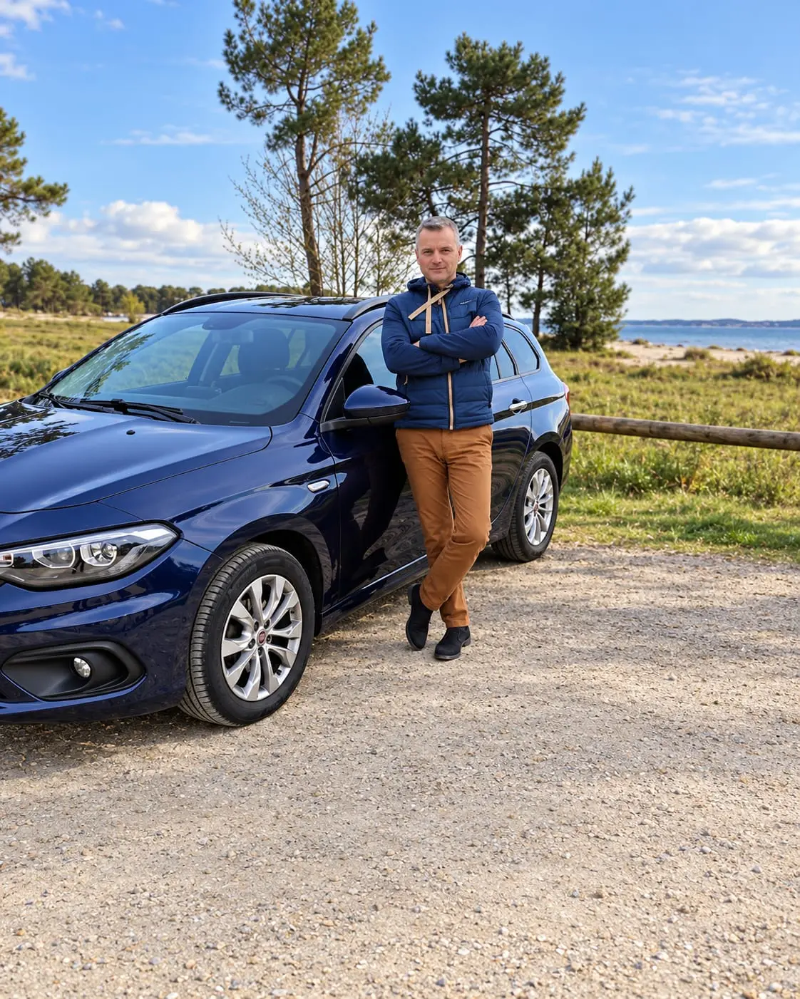 Chauffeur VTC debout devant une berline bleu foncé dans un paysage côtier bordé de pins.
